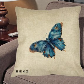 Perna Decorativa Fluture Albastru Satin cu Pete Aurii, 40x40 cm, Crem, Husa Detasabila, Perna Inclusa, BEKZ®