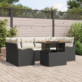Set Sofa Grădină vidaXL cu 7 Piese și Perne Negre Ratan Poliester Acacia