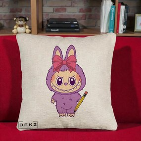 Perna Personalizata Labubu Mov cu Funda Rosie si Creion, 40x40 cm, Bej Canapea, Husa Detasabila, Perna Inclusa, BEKZ®