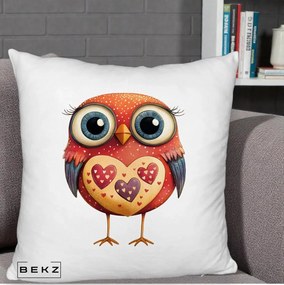 Perna Decorativa Bufnita Rosie cu Inimi Aurii, 40x40 cm, Alb Pufos, Husa Detasabila, Perna Inclusa, BEKZ®