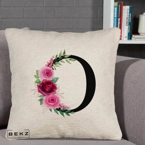 Cadou Personalizat - Perna Personalizata Monograma Florala Litera O, 40x40 cm, Bej Canapea, Husa Detasabila, Perna Inclusa, BEKZ®