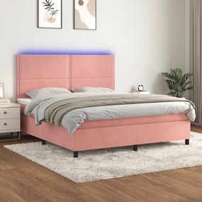 vidaXL Pat cu arcuri, saltea &amp; LED, roz, 180x200 cm, catifea