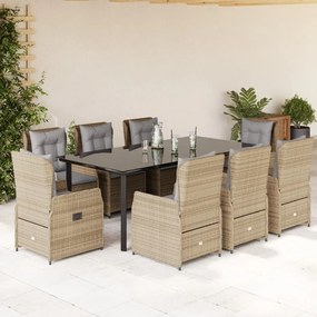 vidaXL Set de masă pentru grădină, 9 piese, cu perne, bej, poliratan