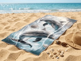 Prosop de plaja cu uscare rapida DOLPHINS albastru 70 x 140 cm, 100% microfibra