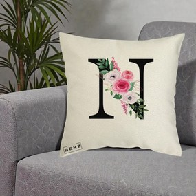 Cadou Personalizat - Perna Personalizata Monograma Florala Litera N, 40x40 cm, Ecru, Husa Detasabila, Perna Inclusa, BEKZ®