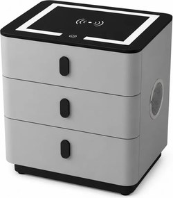 RESIGILAT- Noptieră inteligentă multifuncțională, 3 sertare, LED-uri tactile, 3 tipuri de culoare, încărcare fără fir, Difuzor Bluetooth, incarcare USB, sticla securizata, Gri