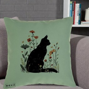 Perna Decorativa Pisica Neagra Profil Flori Portocalii, 40x40 cm, Verde, Husa Detasabila, Perna Inclusa, BEKZ®