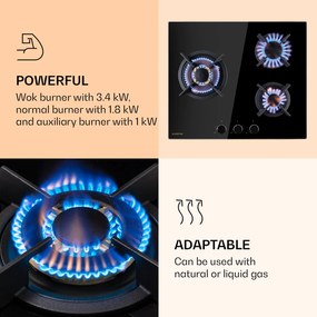 Klarstein Goldflame 3, plită pe gaz, 3 arzătoare, arzătoare Messing, sticlă ceramică