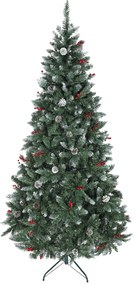 HOMCOM Brad de Crăciun Înalt de 210 cm cu 928 de Ramuri, Brad Artificial de Interior cu Conuri și Boabe Roșii Decorative, Bază Metalică, Verde | Aosom Romania