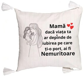 Perna Decorativa cu Franjuri, Model pentru Mama 4, 45x45 cm, Ecru, Cu fermoar