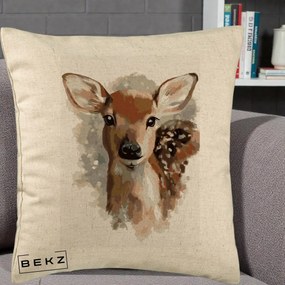 Perna Decorativa Caprioara Pui Acuarela, 40x40 cm, Bej, Husa Detasabila, Perna Inclusa, BEKZ®