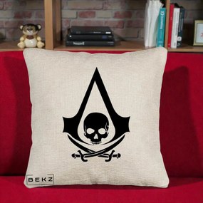 Perna Personalizata Assassin's Creed Black Flag Skull, 40x40 cm, Bej Canapea, Husa Detasabila, Perna Inclusa, BEKZ®