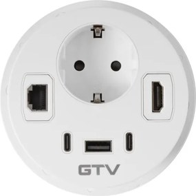 Priză încorporabilă în blat Rondo GTV, 1 priză Schuko, 1 x USB A, 2 x USB C, HDMI, RJ45, alb, D:90 mm D:90 mm, Aluminiu/Plastic, Alb