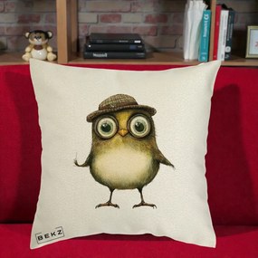 Perna Decorativa Pui Intelectual cu Palarie Tweed, 40x40 cm, Ecru, Husa Detasabila, Perna Inclusa, BEKZ®