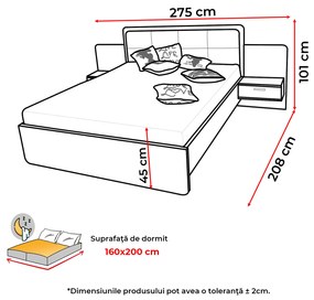 Pat EF2L, cu tablie tapitata, 160x200 cm, noptiere, sonoma + alb