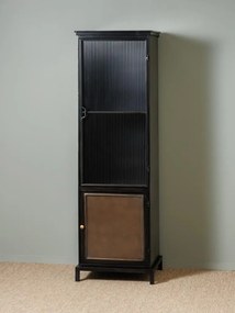 Dulap înalt și îngust industrial din metal și sticlă, negru, cu 2 uși, 3 rafturi și sticlă striată, 165 x 52 x 38 cm, „Malcolm”