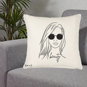 Perna Decorativa Beauty Girl Line Art, 40x40 cm, Crem Reliefat, Husa Detasabila, Perna Inclusa, BEKZ®