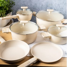 RESIGILAT - Set oale si tigai antiaderente cu capace Klausberg KB7833, bej, 16/20/24/28 cm, design modern, potrivite pentru toate tipurile de plita