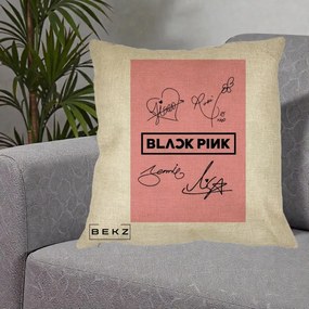 Perna Personalizata K-pop BLACKPINK Semnaturi Roz, 40x40 cm, Crem, Husa Detasabila, Perna Inclusa, BEKZ®
