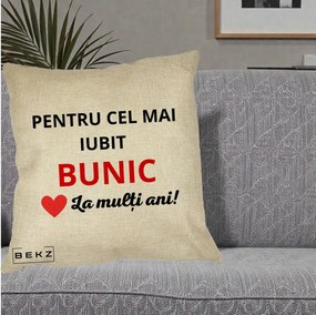 Cadou pentru Bunic - Perna Personalizata Pentru Cel Mai Iubit Bunic La Multi Ani Rosu, 40x40 cm, Crem, Husa Detasabila, Perna Inclusa, BEKZ®
