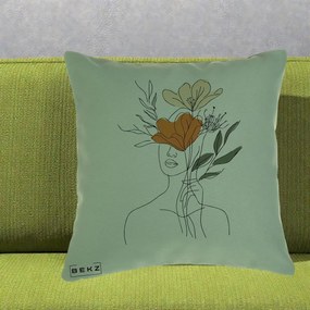 Perna Decorativa Portret Feminin Coroana Florala, 40x40 cm, Verde, Husa Detasabila, Perna Inclusa, BEKZ®