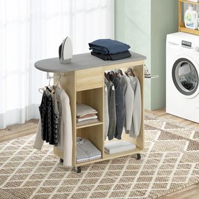 HOMCOM Dulap pentru călcat din lemn masă de călcat pe roți bară de suspendare raft 125 x 43,5 x 102,5 cm lemn natural | Aosom Romania