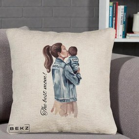 Cadou pentru Mama - Perna Personalizata The Best Mom Jachete, 40x40 cm, Bej Canapea, Husa Detasabila, Perna Inclusa, BEKZ®