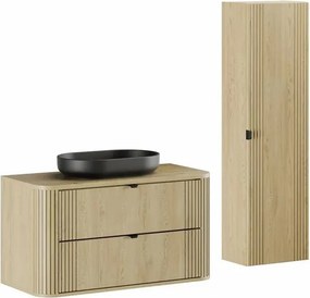 Set dulap baza suspendat 100 cm cu blat, lavoar si dulap coloana Comad Ovalia stejar Cremona