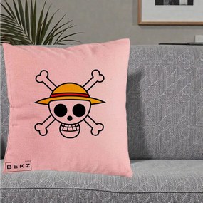 Perna Personalizata One Piece Jolly Roger Straw Hat Pirates, 40x40 cm, Roz, Husa Detasabila, Perna Inclusa, BEKZ®