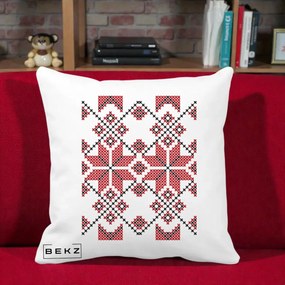 Perna Personalizata Motiv Traditional Cusatura Rosu-Negru, 40x40 cm, Alba Mata, Husa Detasabila, Perna Inclusa, BEKZ®