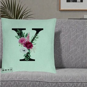 Cadou Personalizat - Perna Personalizata Monograma Florala Litera Y cu Buchet, 40x40 cm, Verde Menta, Husa Detasabila, Perna Inclusa, BEKZ®