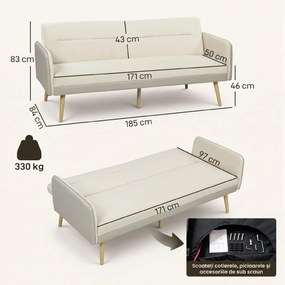 HOMCOM Canapea Extensibilă 3 Locuri Convertibilă cu Cotiere din PU, Colțar Reclinabil Clic Clac în Catifea cu Picioare Metalice și Cadru din Lemn, pentru Living sau Dormitor, 185x84x83 cm, Bej | Aosom Romania