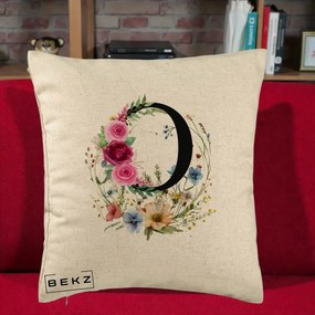 Cadou Personalizat - Perna Personalizata Monogram Litera O cu Flori Acuarela, 40x40 cm, Bej, Husa Detasabila, Perna Inclusa, BEKZ®