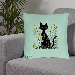 Perna Decorativa Pisica Neagra Ochi Galbeni Flori Galbene, 40x40 cm, Verde Menta, Husa Detasabila, Perna Inclusa, BEKZ®