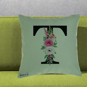 Cadou Personalizat - Perna Personalizata Monograma Florala Litera T, 40x40 cm, Verde, Husa Detasabila, Perna Inclusa, BEKZ®