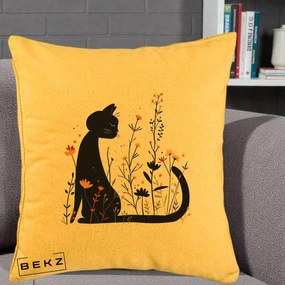 Perna Decorativa Pisica Neagra Flori Portocalii Silueta, 40x40 cm, Galben, Husa Detasabila, Perna Inclusa, BEKZ®