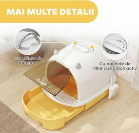 PawHut Litieră Închisă pentru Pisici cu Sertar Extensibil, Mâner, Lopățică și 2 Filtre cu Carbon Activ, Galben | Aosom Romania