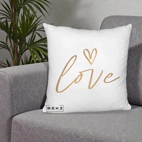 Perna Decorativa Love Caligrafie Aurie, 40x40 cm, Alb Pufos, Husa Detasabila, Perna Inclusa, BEKZ®
