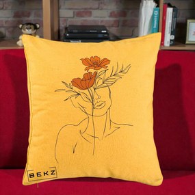 Perna Decorativa Portret Feminin Doua Flori, 40x40 cm, Galben, Husa Detasabila, Perna Inclusa, BEKZ®