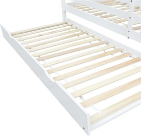 Pat tip căsuță cu pat extensibil și roți, fără saltea, din lemn, 90x200 &amp; 90x190 cm, Alb