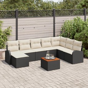 vidaXL Set de canapea pentru grădină , 9 piese, cu perne, negru, din rattan polietilenic și acacia.