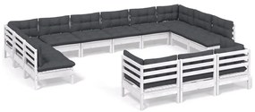 Set mobilier de grădină cu perne, 13 piese, alb, lemn de pin