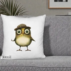 Perna Decorativa Pui Intelectual cu Palarie Tweed, 40x40 cm, Alb Pufos, Husa Detasabila, Perna Inclusa, BEKZ®