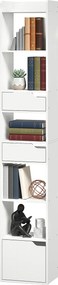 HOMCOM Bibliotecă pentru cărți cu 2 sertare și ușă Etajeră îngustă cu 6 rafturi deschise 32x24x181,5 cm Alb | Aosom Romania