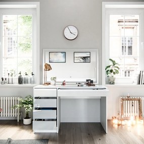 Masuta machiaj cu Oglinda LED si 5 Sertare pentru Cosmetice, Set Masa toaleta 120 cm, Alb Lucios, masuta cosmetica, vanity - SEA902