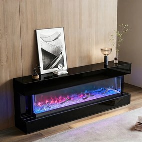 Șemineu Electric cu Flacără LED în 7 Culori, Comodă TV, Bluetooth, Difuzoare Integrate, Iluminare LED Ambientală, Telecomandă, MDF, Finisaj Negru Oglindă