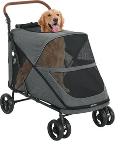 PawHut Cărucior pliabil pentru câini buggy pentru câini mari până la 30 kg cu roți rotative 360° fereastră din plasă pernă mâner reglabil Gri | Aosom Romania