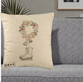 Perna Decorativa Patine cu Coroana Florala de Craciun, 40x40 cm, Bej, Husa Detasabila, Perna Inclusa, BEKZ®
