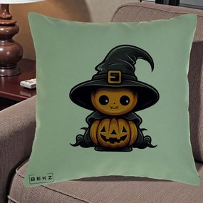 Perna Decorativa Halloween Dovleac Vrajitor Kawaii, 40x40 cm, Verde, Husa Detasabila, Perna Inclusa, BEKZ®