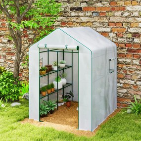Outsunny Seră de grădină cu 1 ușă 2 ferestre rafturi 3 nivele pentru Legume Plante Flori Pânză PE 140 x 143 x 190 cm alb | Aosom Romania